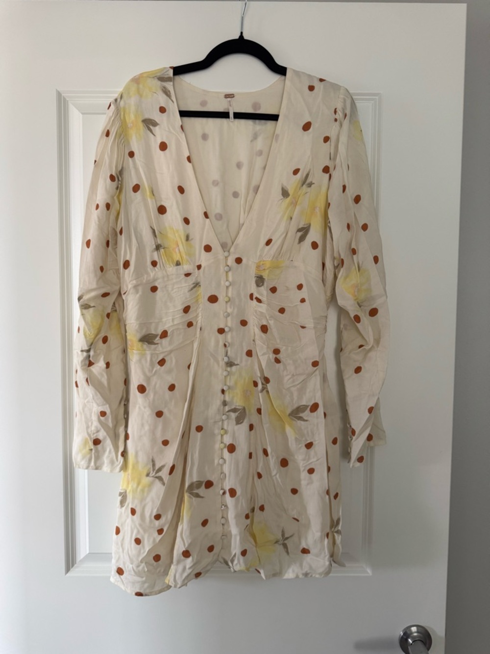 Cream Polka Dot & Yellow Floral V-Neck Dress